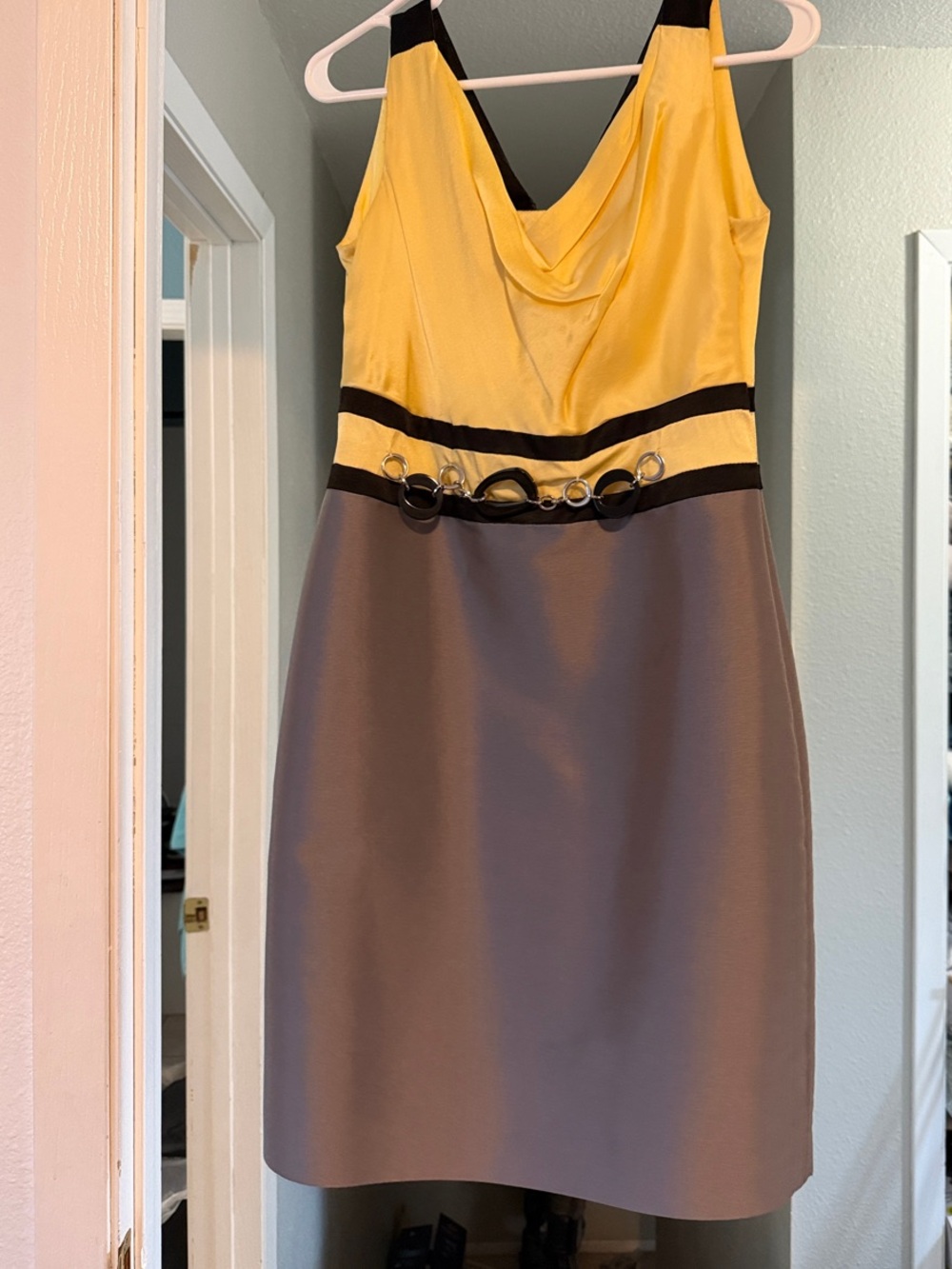 Linea Raffaeli Sleeveless Yellow and Gray Midi Dress with Black Trim